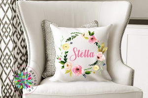 Floral Throw Pillow Pink Watercolor Flowers Wreath Pillow Floral Monogram Nursery Girl Room Decor Bedding Baby Shower Gift Home Decor P141-Sweet Blooms Decor