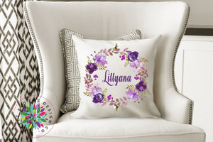 Floral Throw Pillow Purple Watercolor FlowersWreath Pillow Floral Monogram Nursery Girl Room Decor Bedding Baby Shower Gift Home Decor P138-Sweet Blooms Decor
