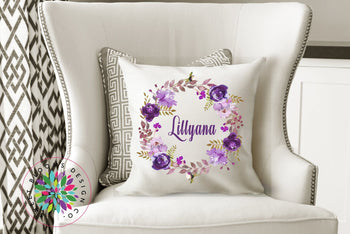 Floral Throw Pillow Purple Watercolor FlowersWreath Pillow Floral Monogram Nursery Girl Room Decor Bedding Baby Shower Gift Home Decor P138-Sweet Blooms Decor