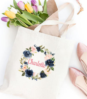 Floral Tote Bag Personalized Name Birthday Navy Pink Flowers Canvas Wedding Bride Bridesmaid Mother of the Bride Girl Watercolor Wreath 150-Sweet Blooms Decor