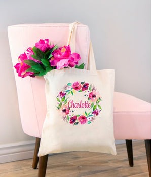 Floral Tote Bag Personalized Name Birthday Pink Flowers Canvas Wedding Bride Bridesmaid Mother of the Bride Girl Gift Watercolor Wreath 149-Sweet Blooms Decor