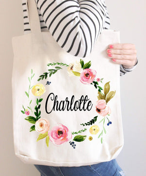 Floral Tote Bag Personalized Name Birthday Pink Flowers Canvas Wedding Bride Bridesmaid Mother of the Bride Girl Gift Watercolor Wreath-Sweet Blooms Decor
