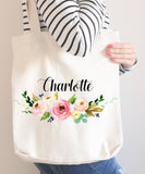 Floral Tote Bag Personalized Name Pink Flowers Canvas Wedding Bride Bridesmaid Mother of the Bride Girl Gift Watercolor Wreath 108-Sweet Blooms Decor