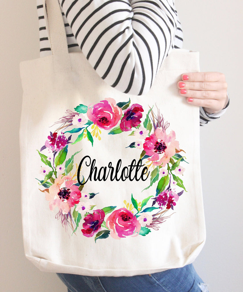 Floral Tote Bag Personalized Name Pink Purple Flowers Canvas Wedding Bride  Bridesmaid Mother of the Bride Girl Gift Watercolor Wreath 108