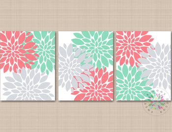 Floral Wall Art Nursery Decor Coral Mint Green Gray Floral Wall Art Coral Nursery Floral Decor,Coral Bathroom Decor Modern Art- H115