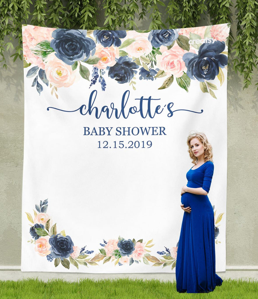 Floral Baby Shower Backdrop - Navy Blue Blush Pink Coral Flowers Decorations D102