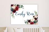 Floral Girl Nursery Name Sign Wall Art -Burgundy Red Blush Pink Navy Watercolor Flowers