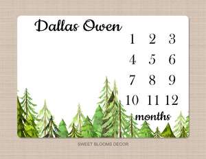 Forest PineTrees Milestone Blanket Monthly Growth Tracker Baby Blanket Forest Trees Woodland Blanket Baby Bedding Shower Gift Monogram B252
