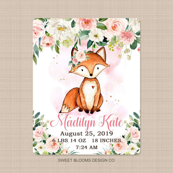Fox Baby Girl Blanket Watercolor Coral Pink Floral Birth Annoucement Newborn Name Blanket Monogram Flowers Baby Shower Gift Bedding B930