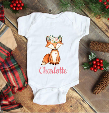 Fox Baby Girl One Piece Bodysuit Floral Wreath Personalized Pink Coral Flowers Baby Girl One-Piece Body Suit Baby Shower Gift 122-BODY SUITS & T-SHIRTS-Sweet Blooms Decor