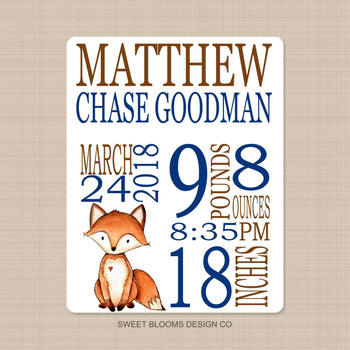 Fox Baby Name Blanket Personalized Birth Announcenent Boy Girl Birth Stats Baby Shower Gift  Nursery Bedding Decor Navy Brown B792