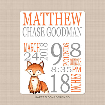 Fox Baby Name Blanket Personalized Birth Announcenent Boy Girl Birth Stats Baby Shower Gift  Nursery Bedding Decor Orange Gray B793