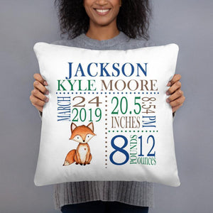 Fox Birth Announcement Pillow Personalized Birth Stats Throw Pillow Baby Shower Gift Woodland Baby Boy Nursery Decor Bedding Navy Brown P179-Sweet Blooms Decor