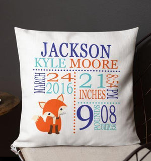 Fox Birth Announcement Pillow Personalized Birth Stats Throw Pillow Baby Shower Gift Woodland Baby Boy Nursery Decor Orange Navy Teal P108-Sweet Blooms Decor