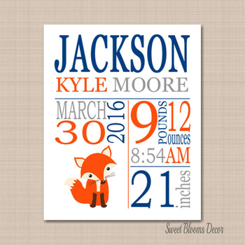 Fox Birth Print Fox Birth Announcement Fox Nursery Navy Orange Gray Fox Nursery Decor Fox Baby Shower - PRINT OR CANVAS-Sweet Blooms Decor