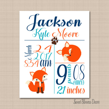 Fox Birth Print Fox Birth Announcement Fox Nursery Navy Orange Teal Fox Nursery Decor Fox Baby Shower - PRINT OR CANVAS-Sweet Blooms Decor