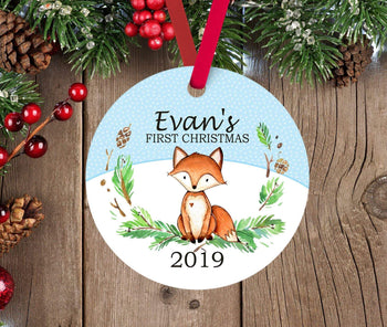 Fox Christmas Ornament Personalized Woodland Animals Baby Boy 1st First Christmas Baby Shower Gift New Baby Holiday Ornament 116