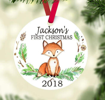 Fox Christmas Ornament Personalized Woodland Animals Baby Boy 1st First Christmas Baby Shower Gift New Baby Holiday Ornament 116
