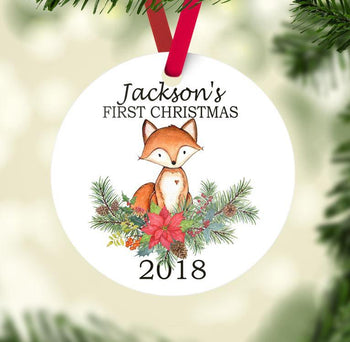 Fox Christmas Ornament Personalized Woodland Animals Baby Boy 1st First Christmas Baby Shower Gift New Baby Holiday Ornament 143