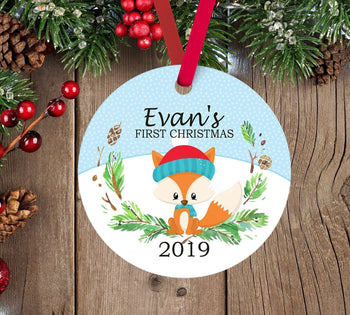 Fox Christmas Ornament Personalized Woodland Animals Baby Boy 1st First Christmas Baby Shower Gift New Baby Holiday Ornament 174