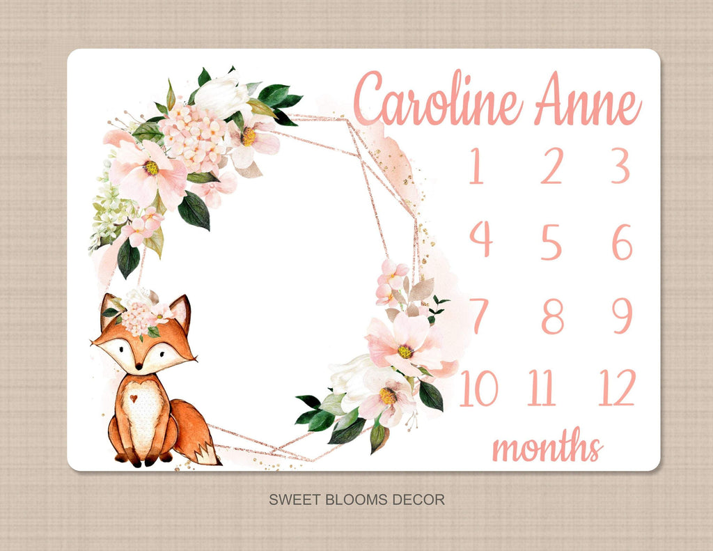 Fox Floral Milestone Blanket Blush Pink Coral Gold Flowers Woodland Monthly Growth Tracker Newborn Baby Girl Name Baby Shower Gift B1172