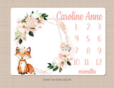 Fox Floral Milestone Blanket Blush Pink Coral Gold Flowers Woodland Monthly Growth Tracker Newborn Baby Girl Name Baby Shower Gift B1172