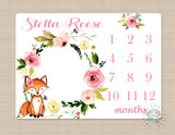 Fox Girl Milestone Blanket Pink Coral Floral Woodland Monthly Growth Tracker Newborn Baby Girl Name Wreath Flowers Baby Shower Gift  B442