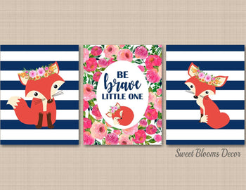 Fox Girl Nursery Wall Art Woodland Floral Nursery Decor Flowers Navy Tripes Be Brave Little One Nursery Decor C475-Sweet Blooms Decor