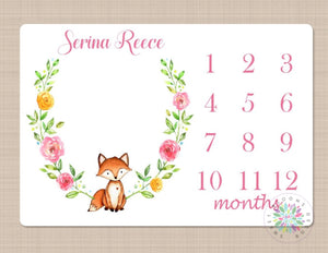 Fox Milestone Blanket Baby Woodland Girl Monthly Growth Tracker Floral Woodland Blanket Newborn Baby Girl Fox Blanet Baby Gift B183-Sweet Blooms Decor