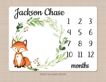 Fox Milestone Blanket Boy Woodland Monthly Blanket Growth Tracker Eucalyptus Leaves Wreath Fox Baby Blanket Newborn Baby Shower Gift B1228