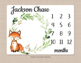 Fox Milestone Blanket Boy Woodland Monthly Blanket Growth Tracker Eucalyptus Leaves Wreath Fox Baby Blanket Newborn Baby Shower Gift B1228