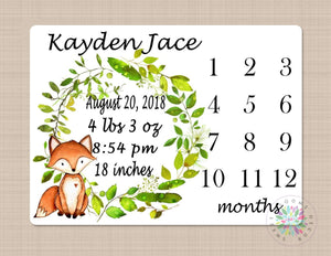 Fox Milestone Blanket Fox Monthly Blanket Monthly Growth Tracker Woodland Baby Blanket Newborn Gift Fox Baby Shower Gift Birth Stats B433