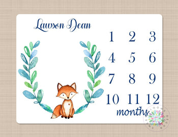 Fox Milestone Blanket Fox Monthly Blanket Monthly Growth Tracker Woodland Baby Blanket Newborn Gift Fox Baby Shower Gift Monogram Gift B146