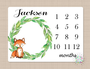 Fox Milestone Blanket Fox Monthly Blanket Monthly Growth Tracker Woodland Baby Blanket Newborn Gift Fox Baby Shower Gift Monogram Gift B320