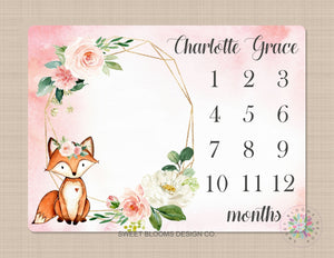 Fox Milestone Blanket Girl Pink Floral Woodland Monthly Growth Tracker Newborn Baby Girl Name Blanket Wreath Flowers Baby Shower Gift  B744