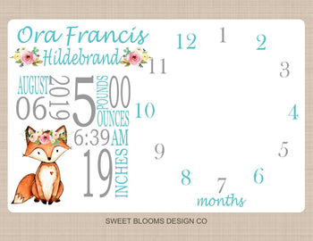 Fox Milestone Blanket Girl Teal Gray Flowers Monthly Woodland Birth Announcement Boy Photo Prop Personalized Baby Shower Gift B901-Sweet Blooms Decor