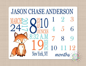 Fox Milestone Blanket Monthly Growth Tracker Navy Teal Orange Woodland Personalized Baby Boy Blanket Gift Name Monogram Nursery Bedding B269