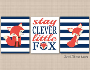 Fox Nursery Decor Wall Art Navy Blue Orange Stripes Stay Clever Little Fox One Woodland Animals BAby Bedroom Decor C176-Sweet Blooms Decor