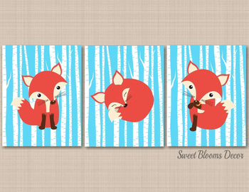 Fox Nursery Wall Art Baby Blue Fox Nursery Wall Art Woodland Nursery Wall Art Fox Nursery Wall Decor Baby Blue Nursery C171-Sweet Blooms Decor