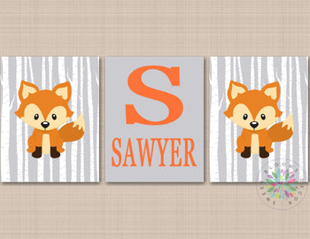 Fox Nursery Wall Art Birch Trees Orange Gray Woodland Baby Boy Room Decor Name Wall Art Monogramm Baby Shower Gift C799-Sweet Blooms Decor