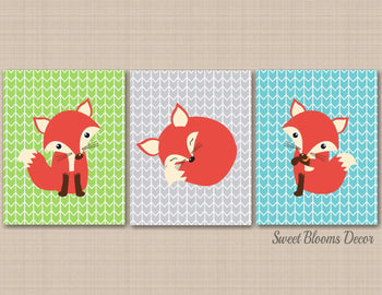 Fox Nursery Wall Art Decor Orange Green Teal Gray Arrows Modern Woodland Nursery Wall Art Baby Shower Gift 3 C446-Sweet Blooms Decor