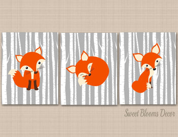 Fox Nursery Wall Art Gray Birch Trees Woodland Animals Nursery Decor 3 Foxes Baby Shower Gift Boy Bedroom Decor Modern C187-Sweet Blooms Decor