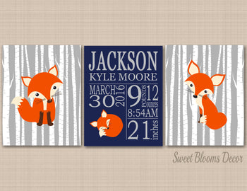 Fox Nursery Wall Art Gray Birch Trees Woodland Birth Announcement Baby Shower Gift Baby Boy Bedroom Decor Birtch Stats C187-Sweet Blooms Decor