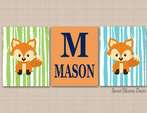 Fox Nursery Wall Art Green Teal Blue Orange Woodland Baby Room Forest Animals Fox Nursery Wall Decor Fox Name Wall Art C173-Sweet Blooms Decor