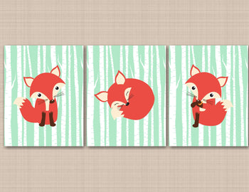 Fox Nursery Wall Art Mint Green Orange Birch Trees Modern Woodland Baby Boy Bedroom Decor Baby Shower Gift UNFRAMED C174-Sweet Blooms Decor