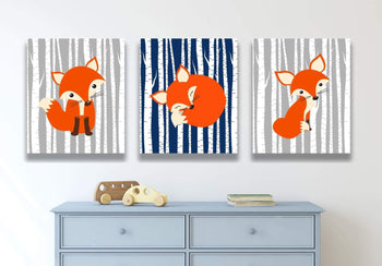 Fox Nursery Wall Art Navy Blue Gray Birch Trees Boy Nursery Decor 3 Foxes Baby Shower Gift Boy Bedroom Decor Modern C187-Sweet Blooms Decor