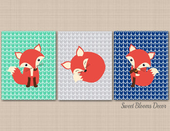 Fox Nursery Wall Art Navy Blue Mint Green Gray Fox Nursery Arrows Woodland Baby Boy Bedroom Decor Baby SHower Gift C580-Sweet Blooms Decor