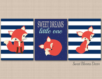 Fox Nursery Wall Art Navy Blue Sweet Dreams Woodland Nursery Wall Art Fox Navy Orange Nursery Wall Decor Fox Baby Gift-Sweet Blooms Decor