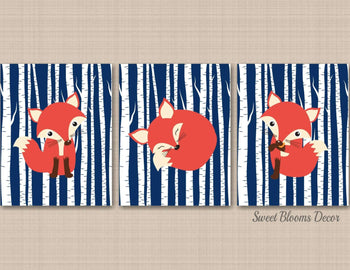 Fox Nursery Wall Art Navy Orange Baby Boy Bedroom Decor Woodland Navy Birch Trees Baby Shower Gift Modern Neutral Nursery UNFRAMED 3 C163-Sweet Blooms Decor