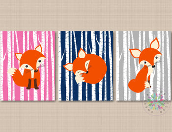 Fox Nursery Wall Art Pink Gray Navy Blue Birch Trees Boy Girl Neutral Baby Bedroom Decor Woodland Nursery Decor C710-Sweet Blooms Decor